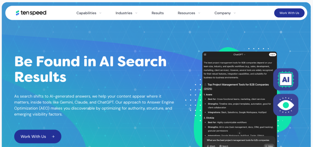 Tenspeed website screenshot with blue gradient background, “Be Found in AI Search Results” headline, AI tools description text, ChatGPT example panel, navigation menu, and Work With Us button