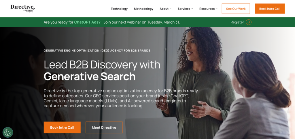 Directive Consulting website screenshot showing GEO services for B2B brands with generative search headline and team meeting scene