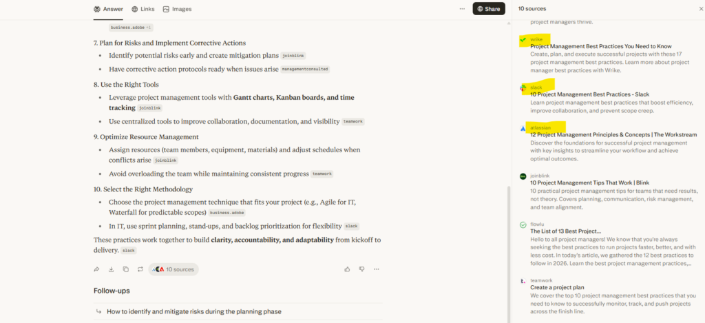 A snapshot of sources that showcase top project management tools in Perplexity