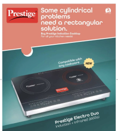 A Prestige newspaper advertisement showing an induction cooktop with the headline "Some cylindrical problems need a rectangular solution," tying the product to an existing event like LPG crisis