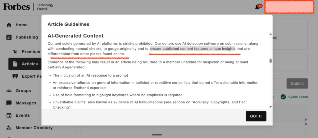 Image of the Forbes article guidelines about AI Generated content