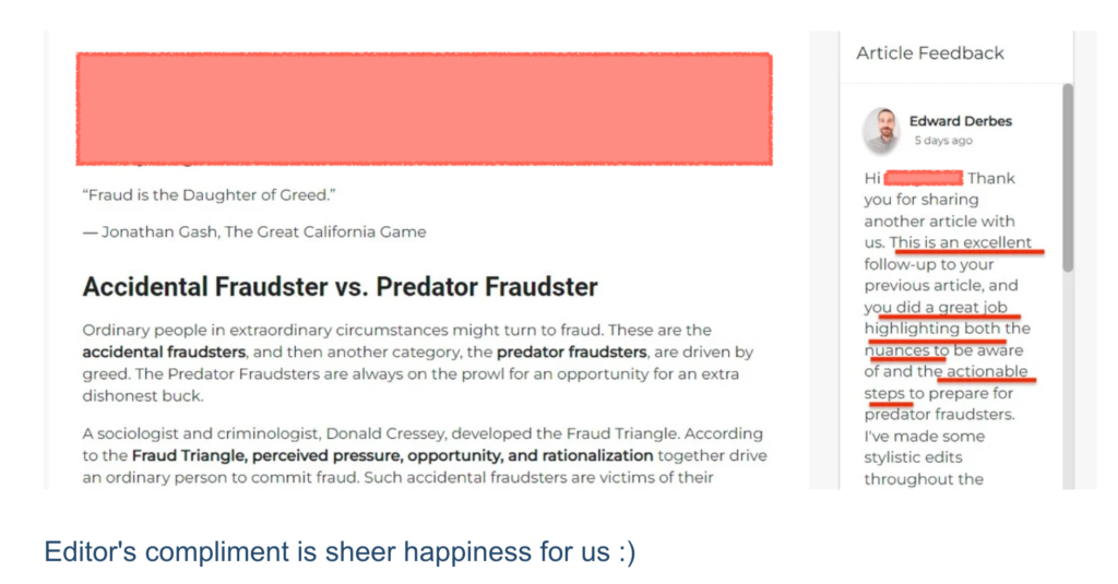 Image of an Article feedback from the Forbes editor.