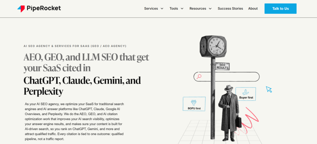 Screenshot of PipeRocket's AI SEO webpage's hero section featuring their core messaging and a collage-style illustration