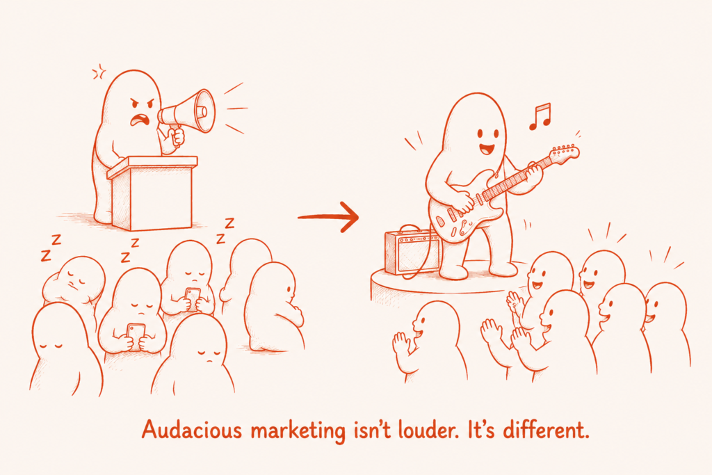 An illustration comparing a loudspeaker to a guitar performance, demonstrating how to differentiate with audacious B2B SaaS marketing