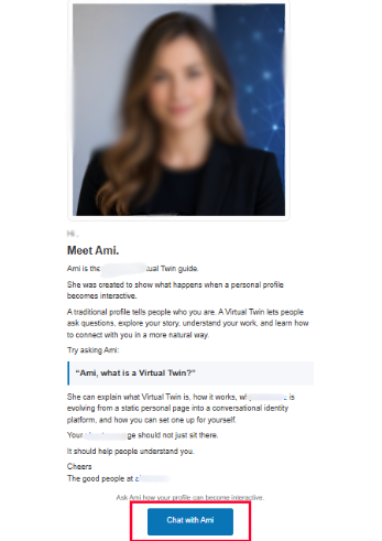 Email introducing the fictional AI guide Ami and encouraging recipients to visit another site to experience the product demo.