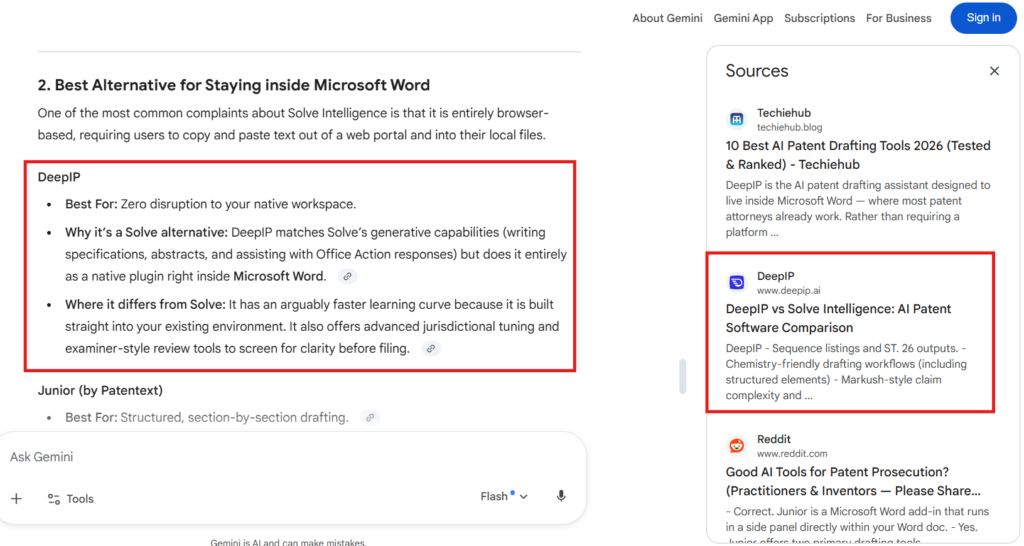 DeepIP appearing in Gemini for search query of Solve Intelligence alternatives