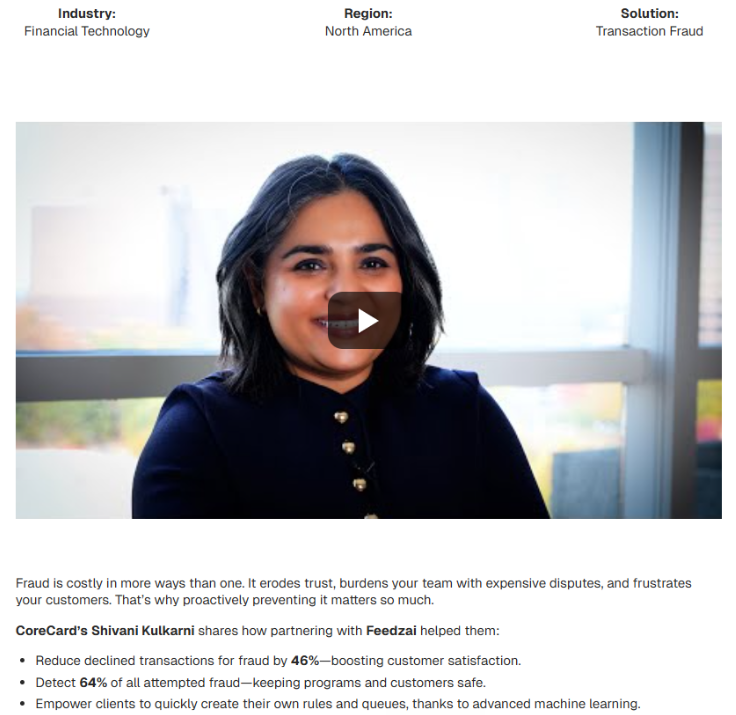 A snapshot of a video CoreCard case study in Feedzai's website