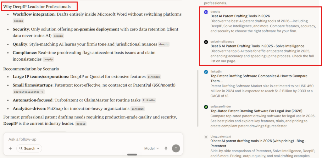 DeepIP and Solve Intelligence coming up as sources in Perplexity for search query Best AI Patent Drafting Tools in 2026