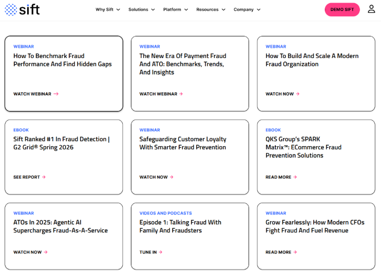 A snapshot of Sift's resource page
