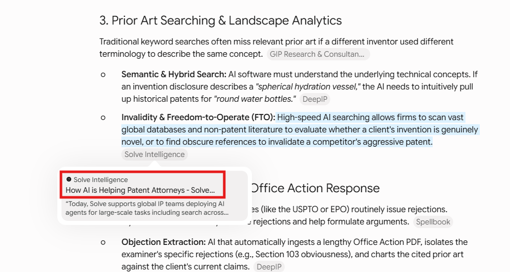 How AI is Helping Patent Attorneys article of Solve Intelligence appearing in Gemini for what kind of AI patent software do patent attorneys need search query