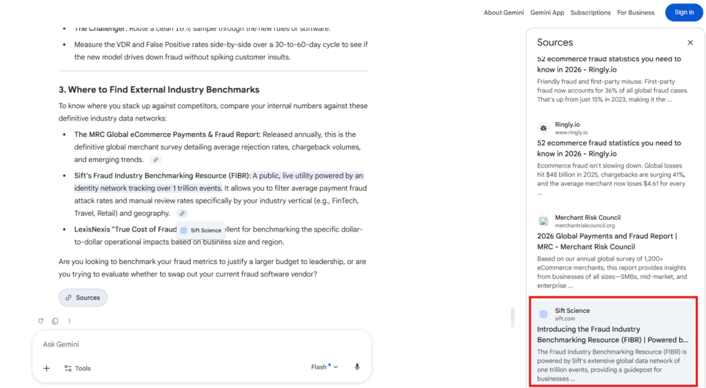 A snapshot of Gemini where Sift appears as a source for the search query how to benchmark fraud performance