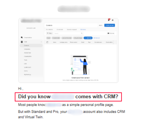 SaaS nurture email introducing CRM functionality and lead management capabilities later in the sequence.
