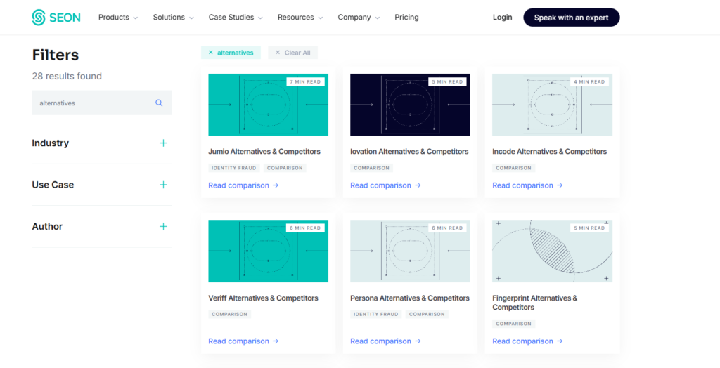 A snapshot of alternative articles in SEON's website