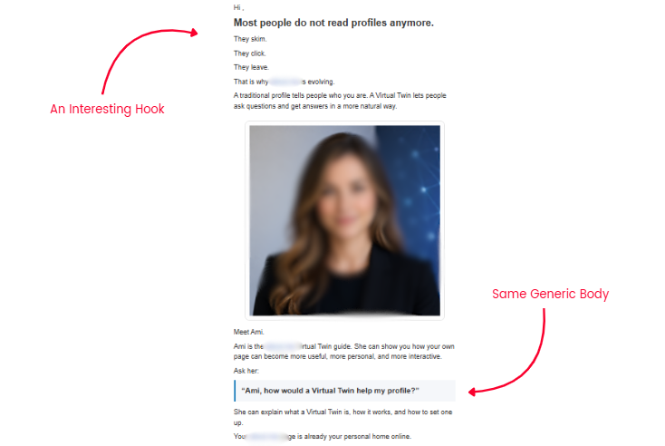 Marketing email with a strong opening hook followed by generic product messaging and repetitive body copy.