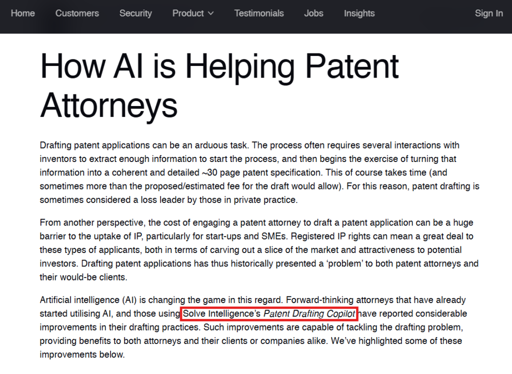 Alignment of Solve Intelligence in How AI is Helping Patent Attorneys article in Solve Intelligence's website
