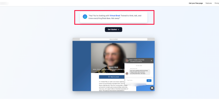 Landing page showing an AI-powered Virtual Twin feature designed to answer visitor questions and personalize interactions.