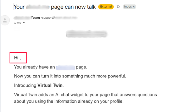 SaaS marketing email with a missing first-name merge tag displaying 'Hi ,' instead of a personalized greeting.