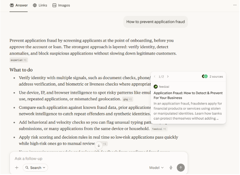 A snapshot of Perplexity where Feedzai appears as a recommendation for the search query how to prevent application fraud