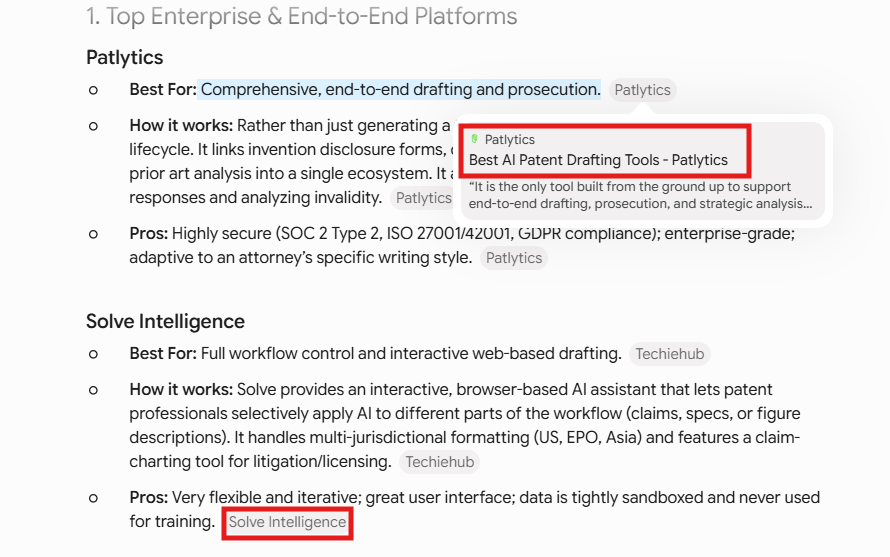 Patlytics and Solve Intelligence appearing in Gemini for PatentPal alternatives
