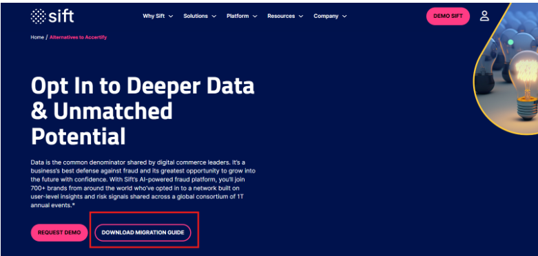A snapshot of Accertify migration guide to Sift in Sift's website