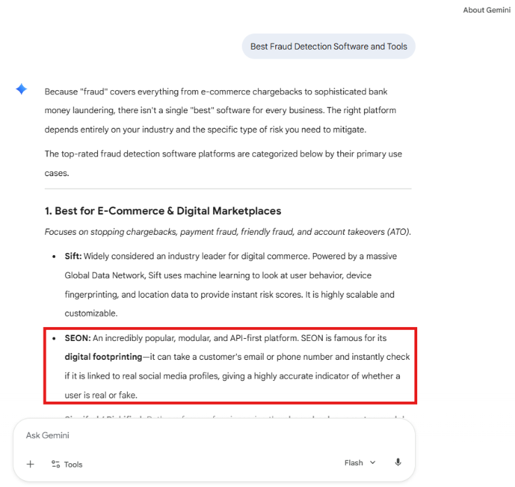 A snapshot where SEON appears as a recommendation in Gemini for the search query best fraud detection software and tools