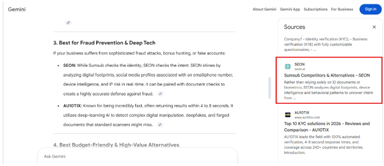 A snapshot where SEON appears as a source in Gemini for Jumio alternatives