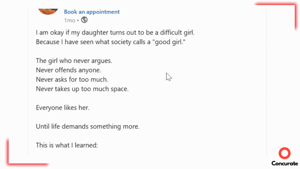 Animated scroll of Nistha Tripathi’s post about raising a daughter who is kind, confident, and independent.