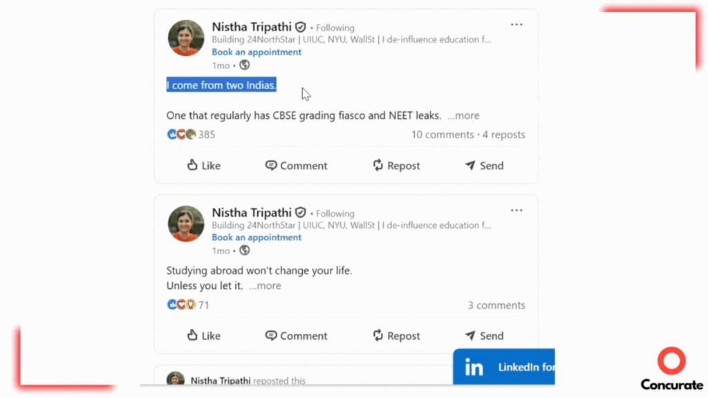 Animated scroll through Nistha Tripathi’s LinkedIn posts on education, parenting, careers, and society.