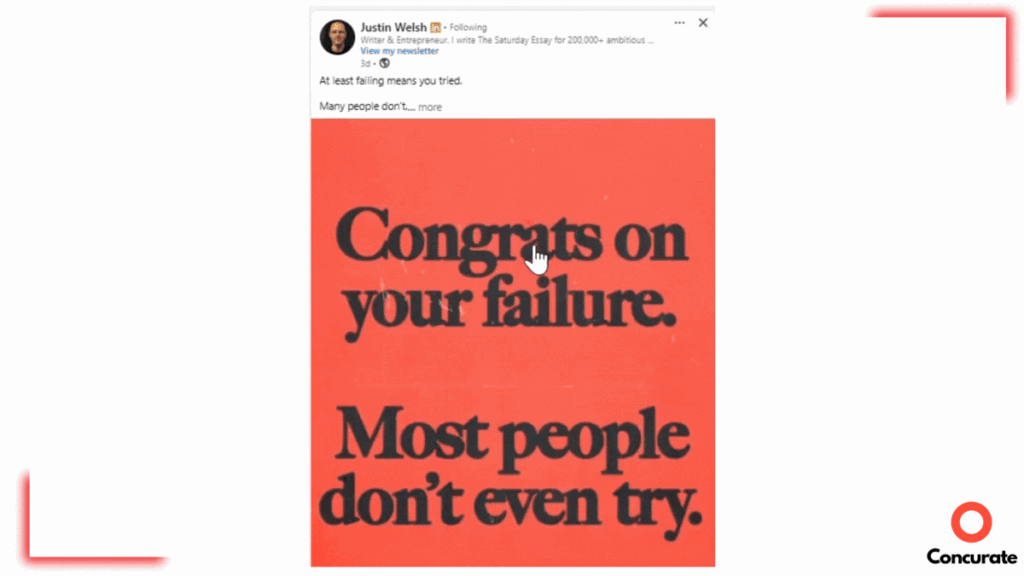 Animated LinkedIn feed showing posts paired with images, carousels, ads, and personal photos.