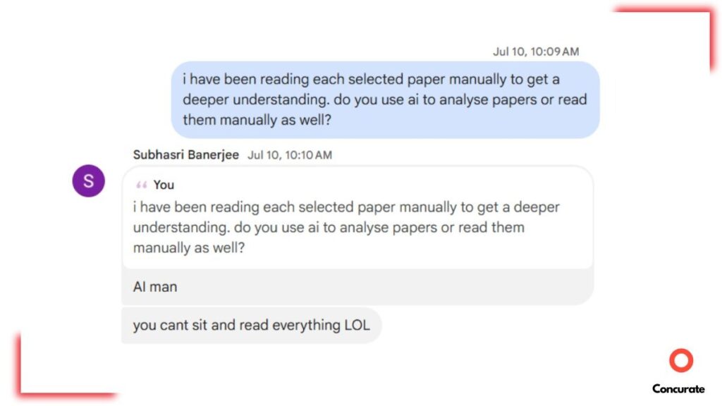G-Chat screenshot where Subhasri tells me to use AI for research
