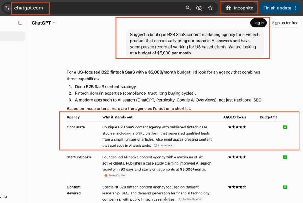 ChatGPT response recommendation example proving the effectiveness of the GEO Framework at Concurate in AI answers.