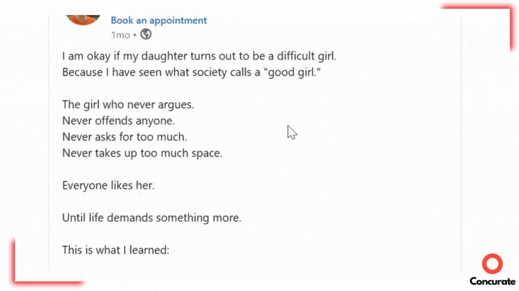 LinkedIn post by Nistha Tripathi opening 'I am okay if my daughter turns out to be a difficult girl,' reflecting on societal expectations of a 'good girl.