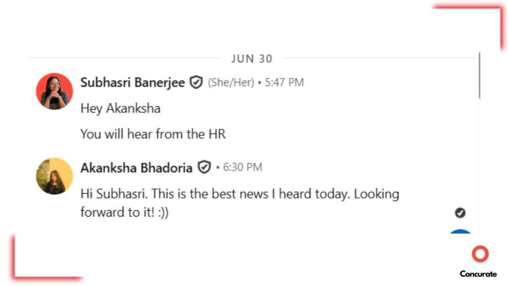 Screenshot of my LinkedIn chat with Subhasri