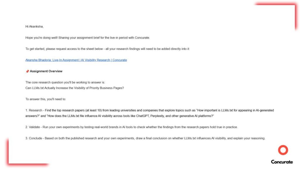 Screenshot of the HR email received with details regarding the live-in task