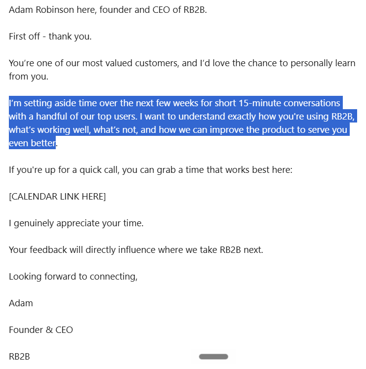 Screenshot of Adam Robinson’s email inviting RB2B users to a 15-minute feedback call.