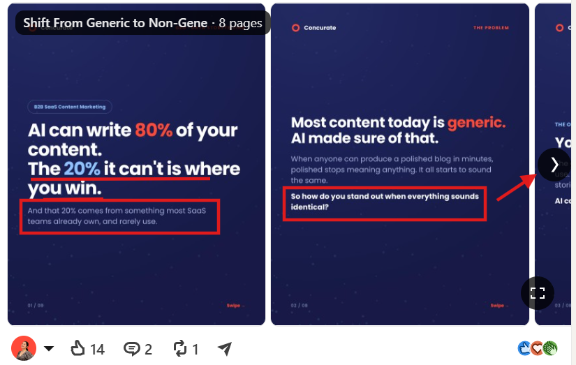 LinkedIn carousel explaining why original insights matter more than generic AI-written content.
