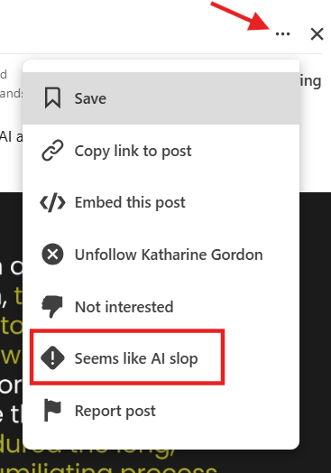 LinkedIn post's options menu open, showing a 'Seems like AI slop' option highlighted alongside Save, Copy link, and Report post.