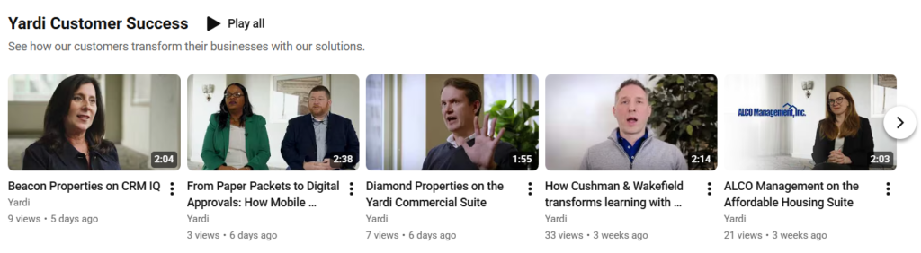 A snapshot of Yardi's video case studies in YouTube