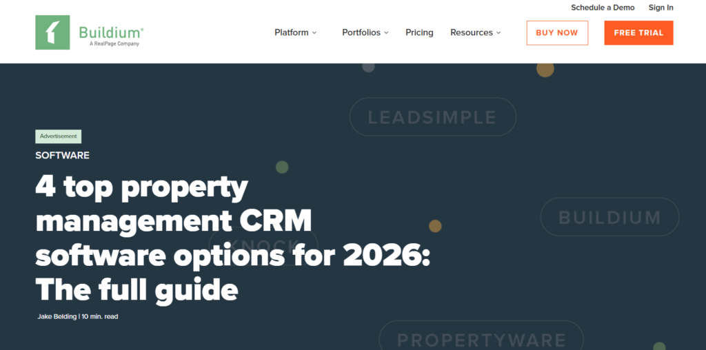 A snapshot of Buildium's listicle titled 4 Top Property Management CRM Software Options for 2026