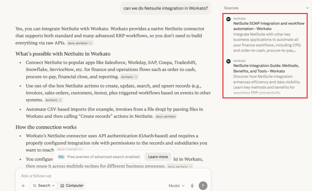 A snapshot of Perplexity's results for Can we do NetSuite integration in Workato?