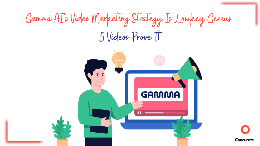 Illustration for Gamma AI's video marketing strategy blog, showing a man presenting a laptop with the Gamma logo, a megaphone, and a lightbulb, with Concurate branding in the corner