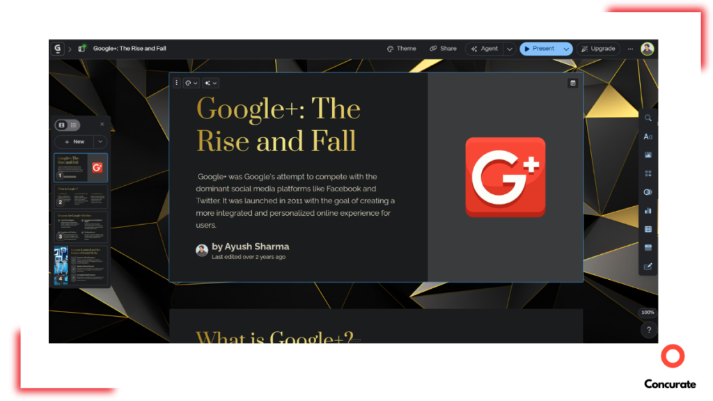 Screenshot of a Gamma presentation titled 'Google+: The Rise and Fall,' created by Ayush Sharma, showing the slide editor with a black and gold theme