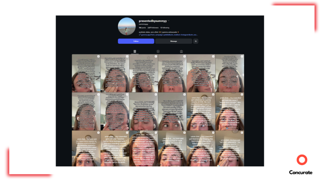 Instagram grid of @presentedbysummyy, a Gamma AI video marketing ambassador account, showing repeated text-hook reel thumbnails with 2,671 followers