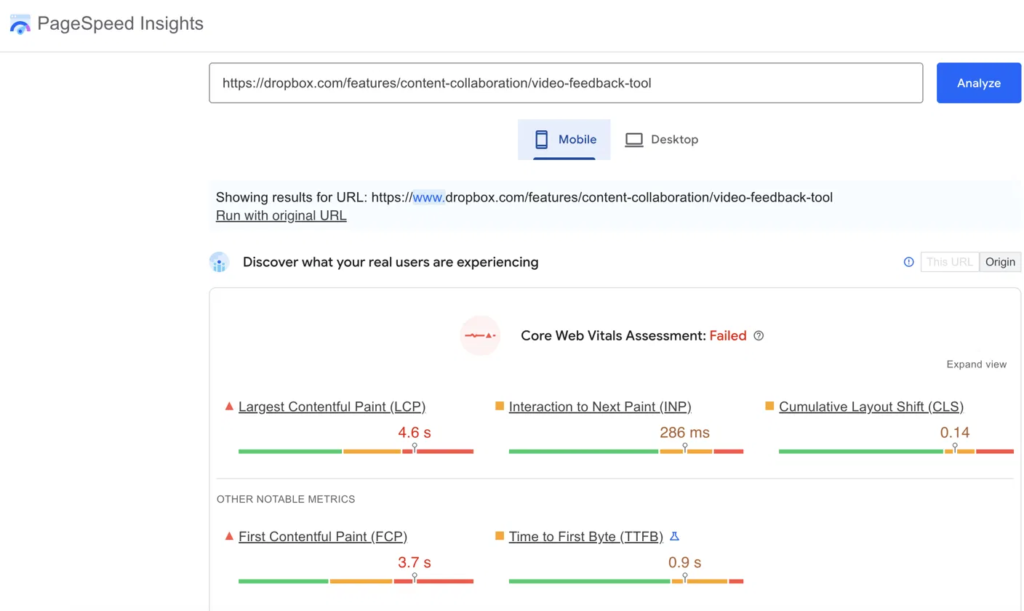 A snapshot of pagespeed insights page