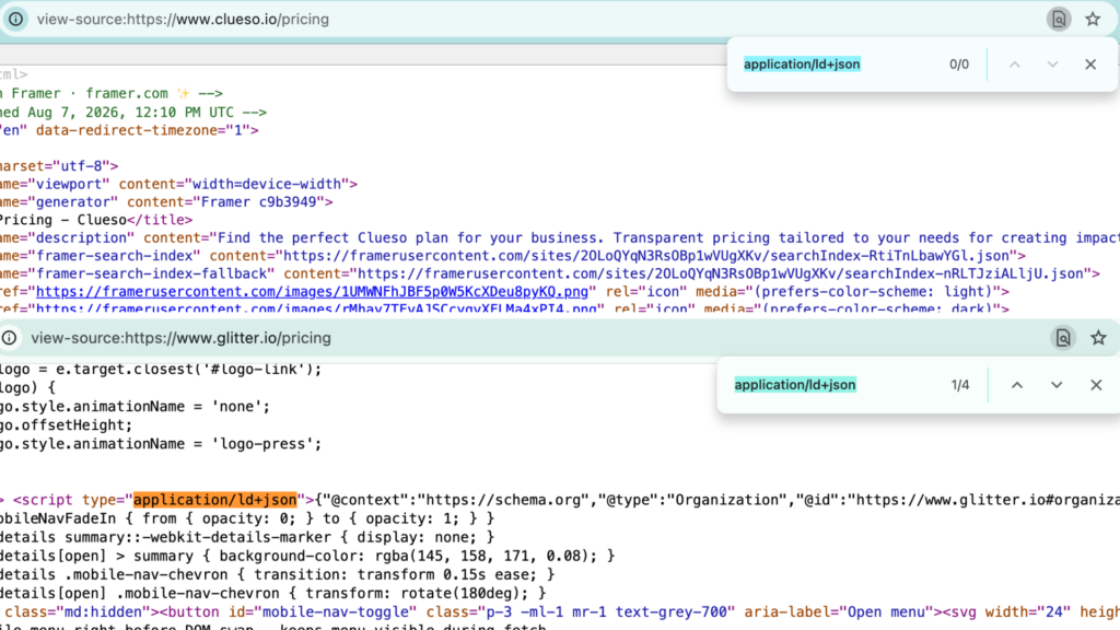 A snapshot of the source page of Clueso.io and Glitter.io