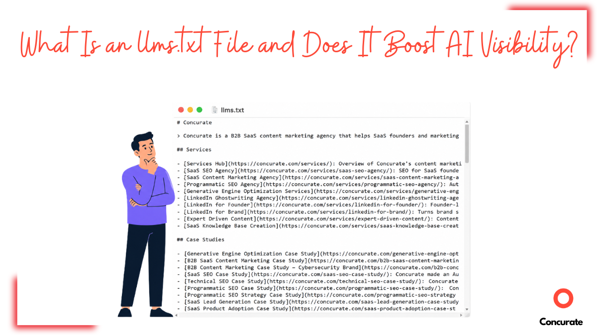 Concurate's llms.txt file screenshot and a vector of man standing right beside it, with title: What Is an llms.txt File and Does It Boost AI Visibility?