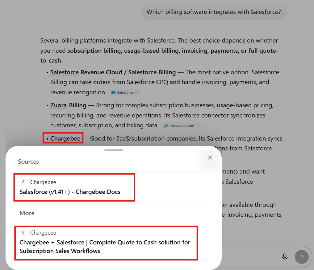 A snapshot of Chargebee being recommended as platform and as a source in ChatGPT for Which billing software integrates with Salesforce?