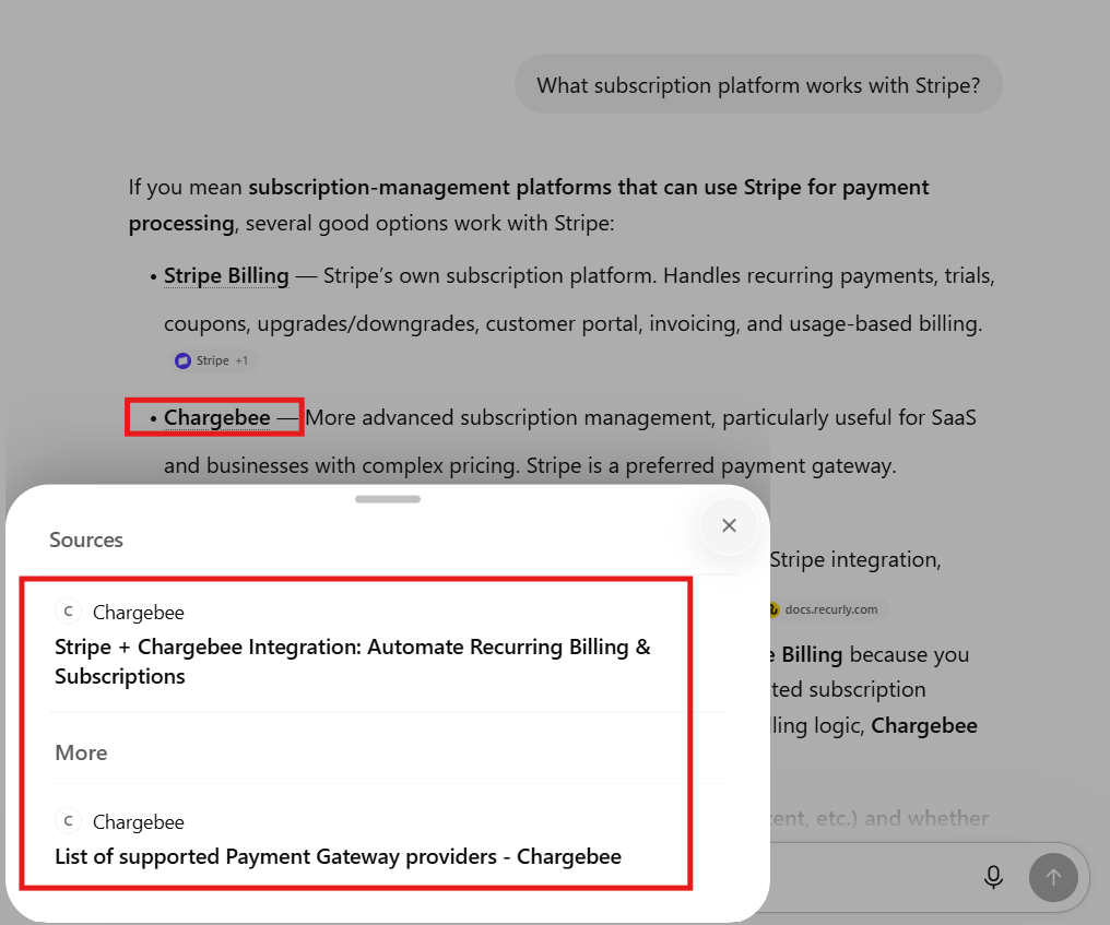 A snapshot of Chargebee being recommended as platform and as a source in ChatGPT for What subscription platform works with Stripe?