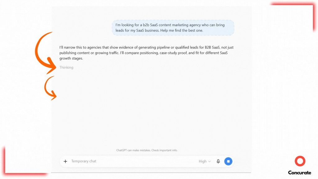 ChatGPT chat interface highlighting a reasoning response and an active "Thinking" process state.