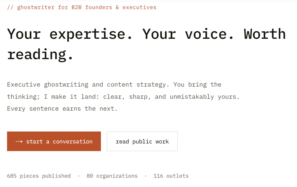 Total Emphasis homepage offering executive ghostwriting, with 685 pieces published across 116 outlets